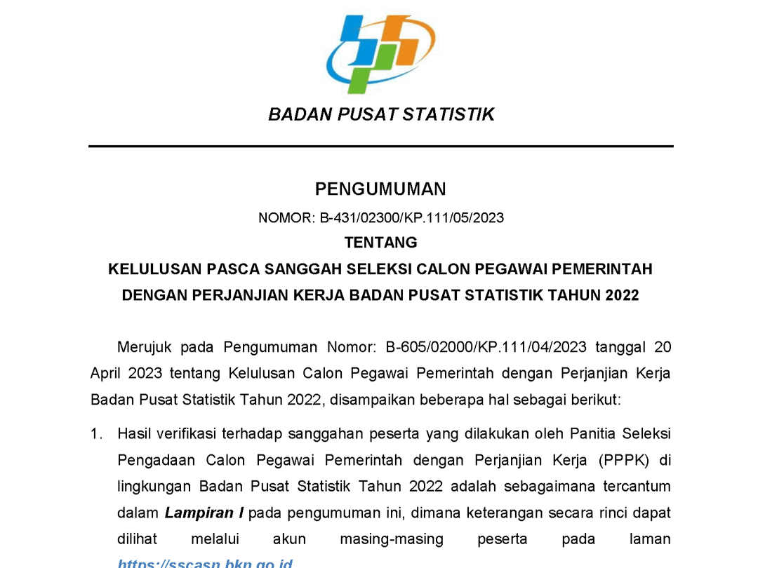 Pengumuman Kelulusan Pasca Sanggah Seleksi Calon PPPK BPS Tahun 2022